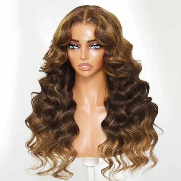 Klaiyi Golden Brown 13*4 Sun-Kissed Highlights Bouncy Curls Loose Wave Pre Everything Lace Frontal Wig With Invisi Drawstring