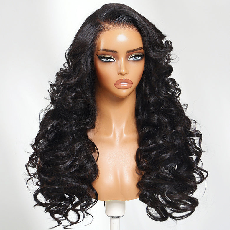 Klaiyi Big Bouncy Curl Wig with Side Part Loose Wave Layers 13x4 Pre-Everything Full Lace Frontal Wig