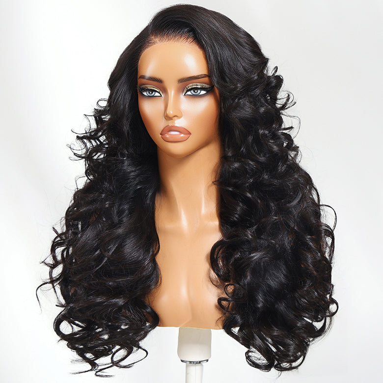 Klaiyi Big Bouncy Curl Wig with Side Part Loose Wave Layers 13x4 Pre-Everything Full Lace Frontal Wig
