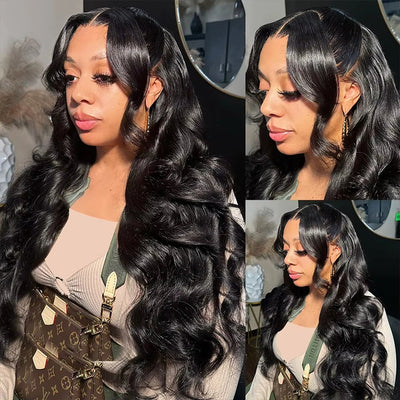 Klaiyi Hair HD Real Scalp™ Wig with Curtain Bangs 13x4 Invisible Lace Frontal Body Wave Wig Natural Black Color