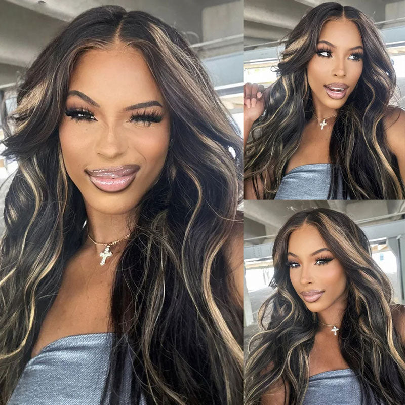 Klaiyi 7x5 Glueless Lace Put On and Go Pre-cut Lace  Natural Color With Peek A Boo Blonde Highlights Body Wave Wig