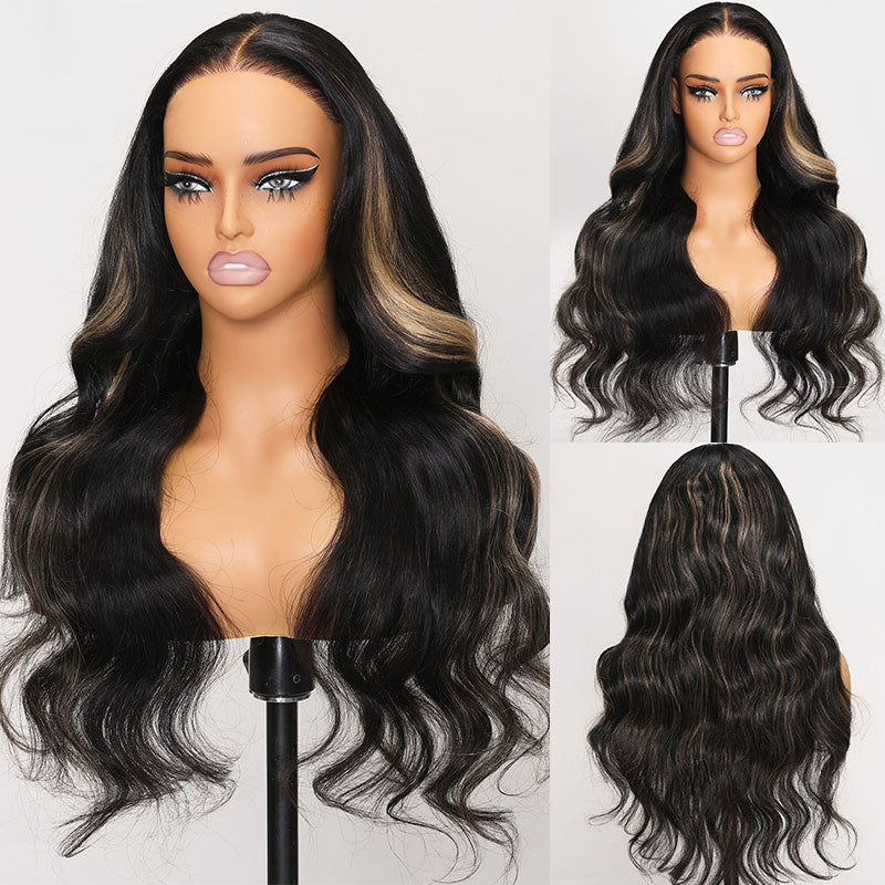 Klaiyi 7x5 Glueless Lace Put On and Go Pre-cut Lace  Natural Color With Peek A Boo Blonde Highlights Body Wave Wig