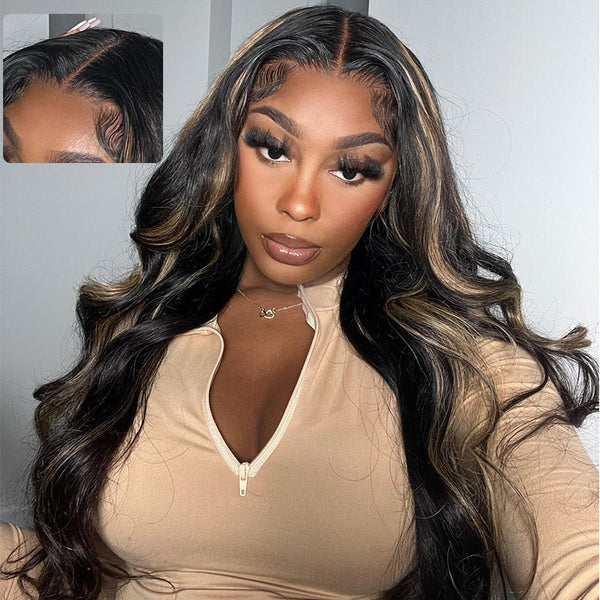 Klaiyi 7x5 Glueless Lace Put On and Go Pre-cut Lace  Natural Color With Peek A Boo Blonde Highlights Body Wave Wig Flash Sale