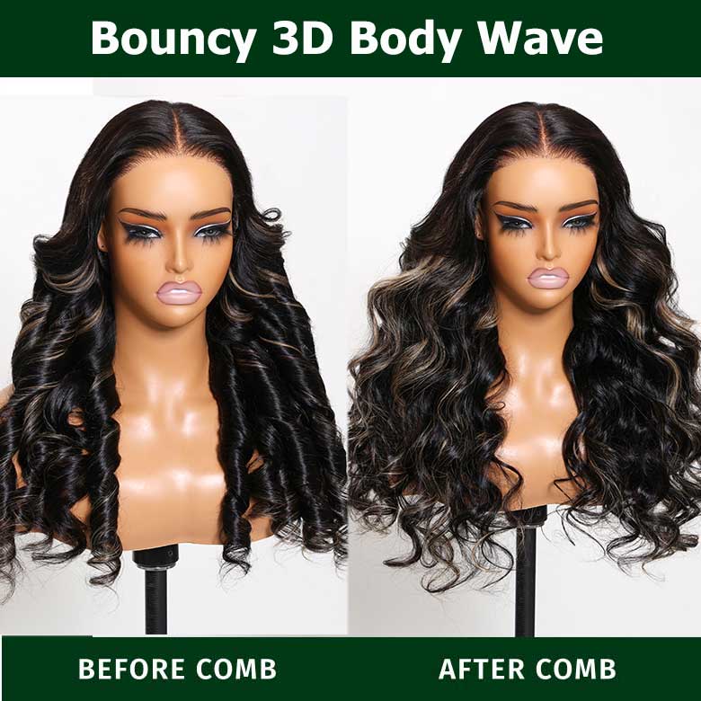 Klaiyi 13x4 Pre everything Glueless Lace Wig Black With Blonde Highlights 3D Body Wave Human Hair