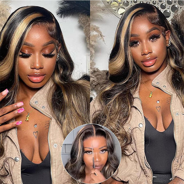 Klaiyi 7x5 Glueless Lace Put On and Go Pre-cut Lace  Natural Color With Peek A Boo Blonde Highlights Body Wave Wig