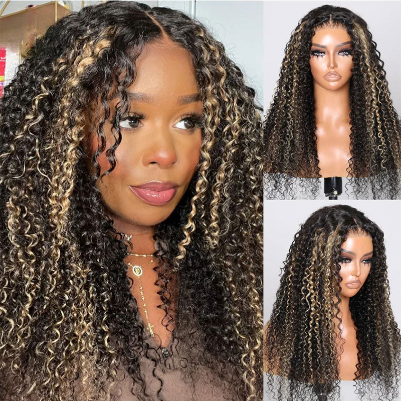 Extra 60% OFF | Klaiyi Balayage Blonde Highlight Jerry Curly 13x4 Lace Front Glueless Wig Precolored Ombre Hair