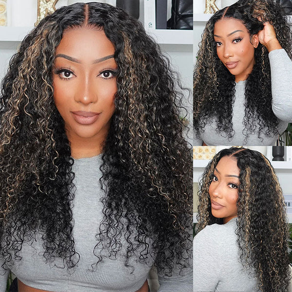 Klaiyi Pre cut lace/Normal Frontal Balayage Blonde Highlight Jerry Curly Put On and Go Lace Wig Precolored Ombre Hair 7x5 Bye Bye Knots Wig Flash Sale