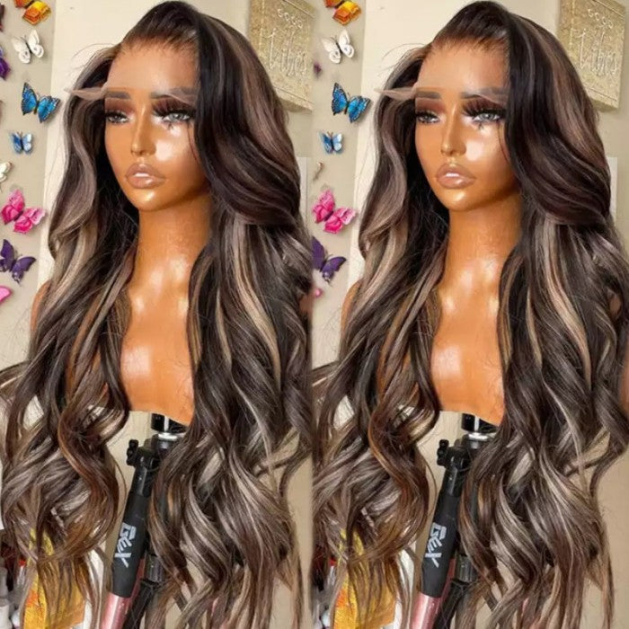 Klaiyi 13x4 Lace Front Wig Chocolate Brown With Peek A Boo Blonde Highlights Body Wave Wig Flash Sale