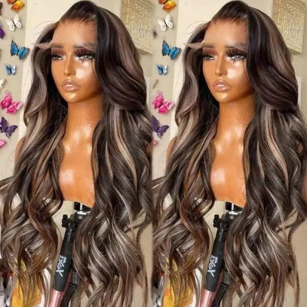 Klaiyi 13x4 Pre everything Glueless Lace Wig Black With Blonde Highlights 3D Body Wave Human Hair