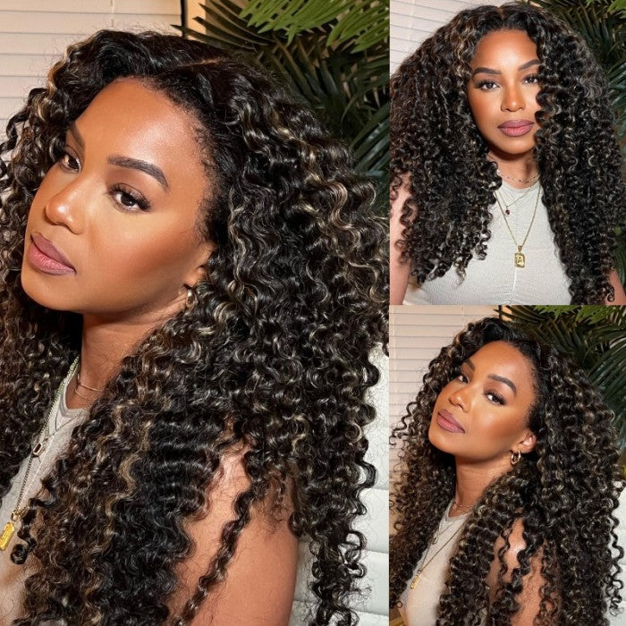 Klaiyi Pre cut lace/Normal Frontal Balayage Blonde Highlight Jerry Curly Put On and Go Lace Wig Precolored Ombre Hair 7x5 Bye Bye Knots Wig Flash Sale