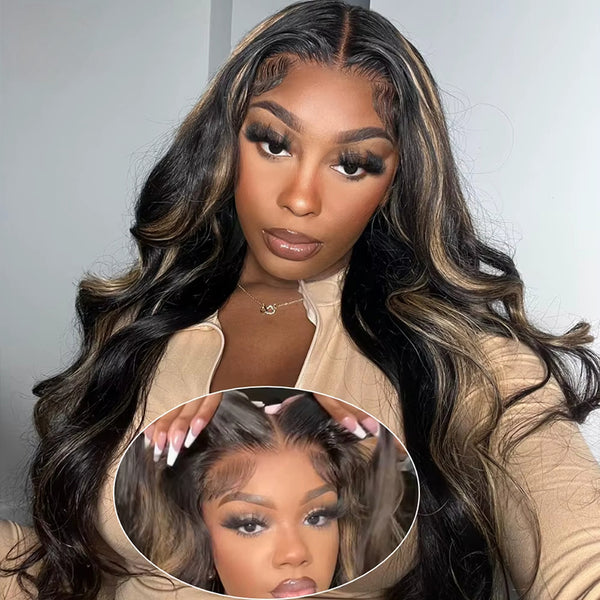Klaiyi 7x5 Glueless Lace Put On and Go Pre-cut Lace  Natural Color With Peek A Boo Blonde Highlights Body Wave Wig Flash Sale