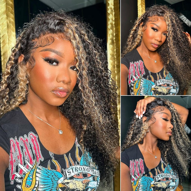 Extra 60% OFF | Klaiyi Balayage Blonde Highlight Jerry Curly 13x4 Lace Front Glueless Wig Precolored Ombre Hair