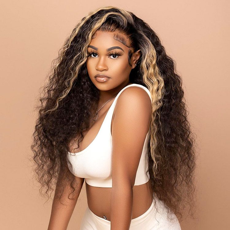 Extra 60% OFF | Klaiyi Balayage Blonde Highlight Jerry Curly 13x4 Lace Front Glueless Wig Precolored Ombre Hair
