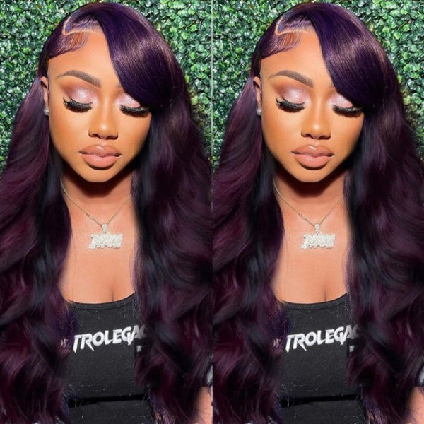 Sencond Wig Only $10 |   Klaiyi Midnight Dark Purple Ombre 180% Density 13x5 T Part Lace Front Wig Loose Wave Wig