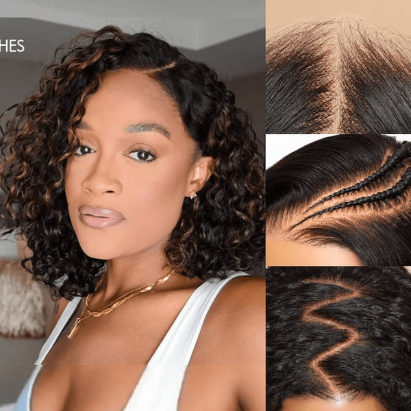 Klaiyi Bye Bye Knots Lace Frontal Wig Side Part Wig Chestnut Brown Ombre Short Curly Bob Wig Flash Sale