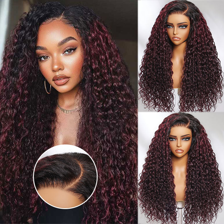 Klaiyi Dark Plum Color 13x4 Water Wave Pre-Everything™ Lace Frontal Wig with Dark Roots Glueless Wig