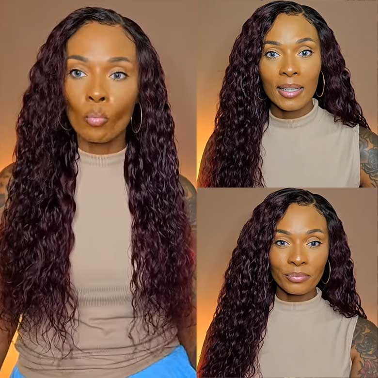 $100 OFF| Code: SAVE100 Klaiyi Dark Plum Color 13x4 Water Wave Pre-Everything™ Lace Frontal Wig with Dark Roots Glueless Wig