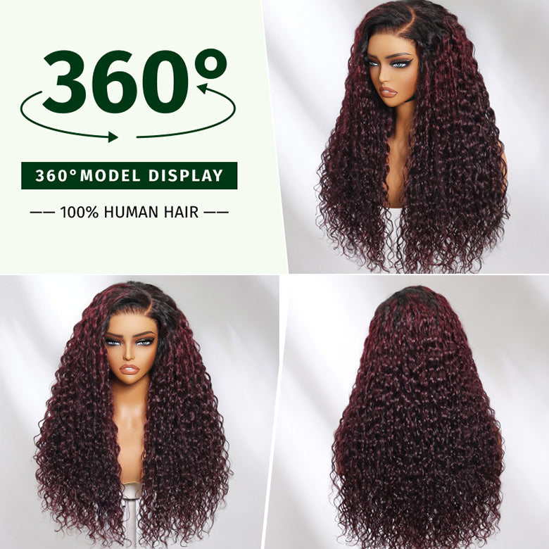 Klaiyi Dark Plum Color 13x4 Water Wave Pre-Everything™ Lace Frontal Wig with Dark Roots Glueless Wig
