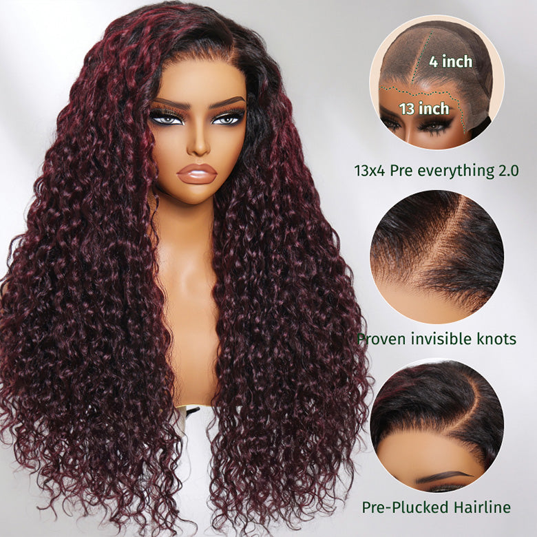Klaiyi Dark Plum Color 13x4 Water Wave Pre-Everything™ Lace Frontal Wig with Dark Roots Glueless Wig