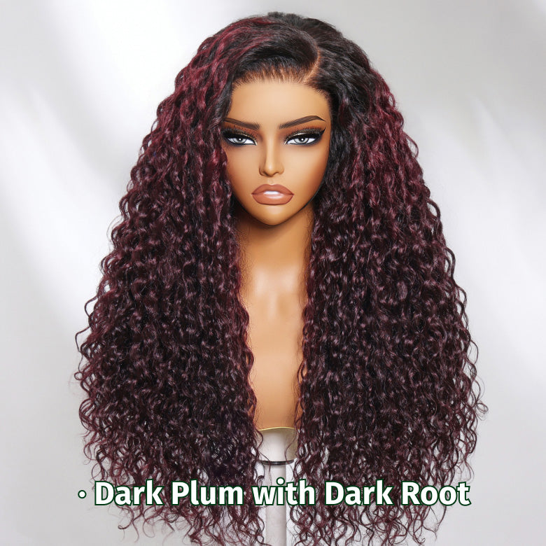 $100 OFF| Code: SAVE100 Klaiyi Dark Plum Color 13x4 Water Wave Pre-Everything™ Lace Frontal Wig with Dark Roots Glueless Wig