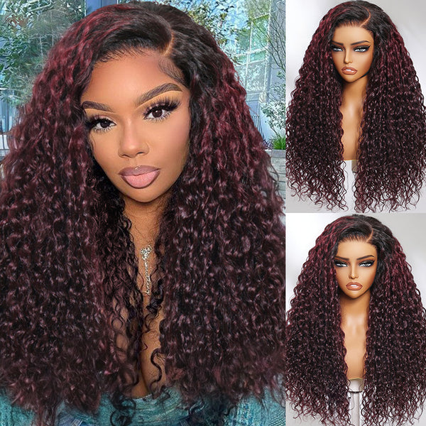 $100 OFF| Code: SAVE100 Klaiyi Dark Plum Color 13x4 Water Wave Pre-Everything™ Lace Frontal Wig with Dark Roots Glueless Wig