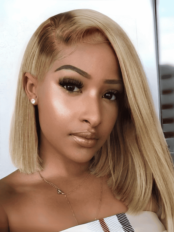 Klaiyi Tres Leches Blonde with Brown Root Bob Wigs Salt and pepper Hair Short Straight Bye-Bye Knots Wig Flash Sale