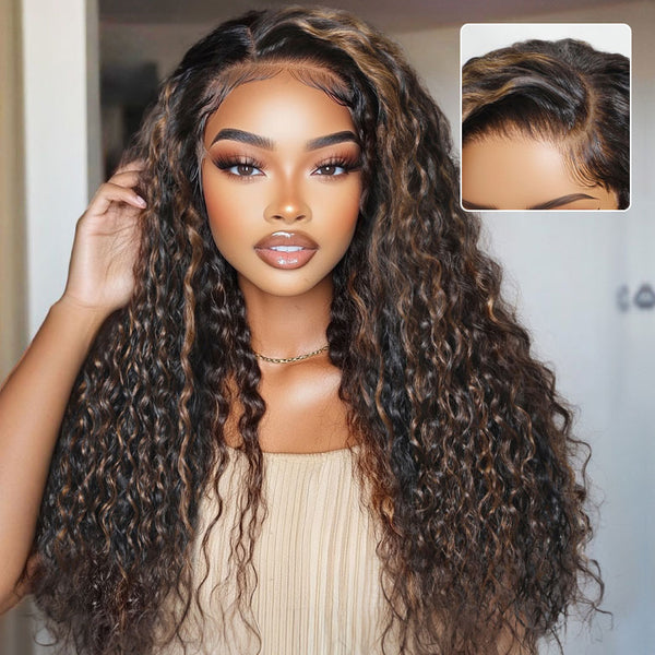 Klaiyi 7x5 Golden Brown Highlight Water Wave Bye Bye Knots Lace Closure Wig 150% Density