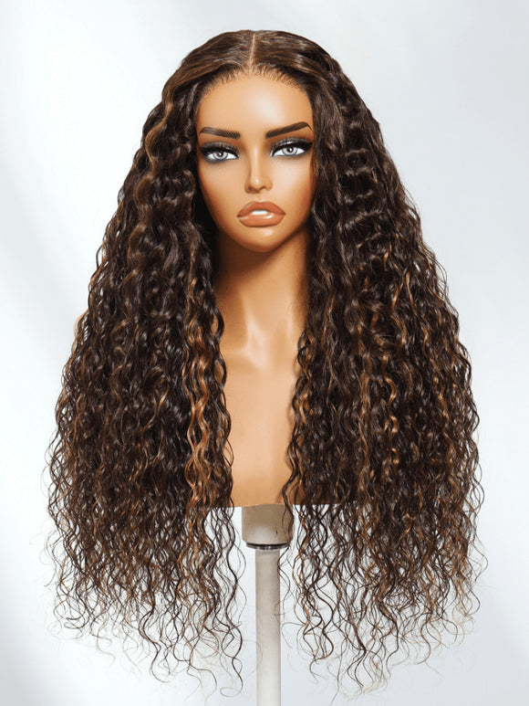 Buy 1 Get 1 Free,Code:BOGO | Klaiyi 7x5 Golden Brown Highlight Water Wave Bye Bye Knots Lace Closure Wig 150% Density