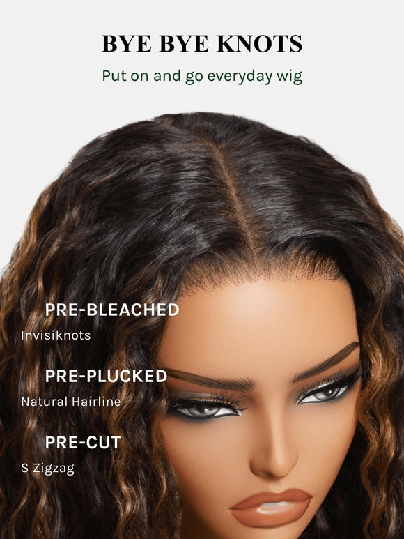 Extra 50% Off Code HALF50  | Klaiyi 7x5 Golden Brown Highlight Water Wave Bye Bye Knots Lace Closure Wig 150% Density