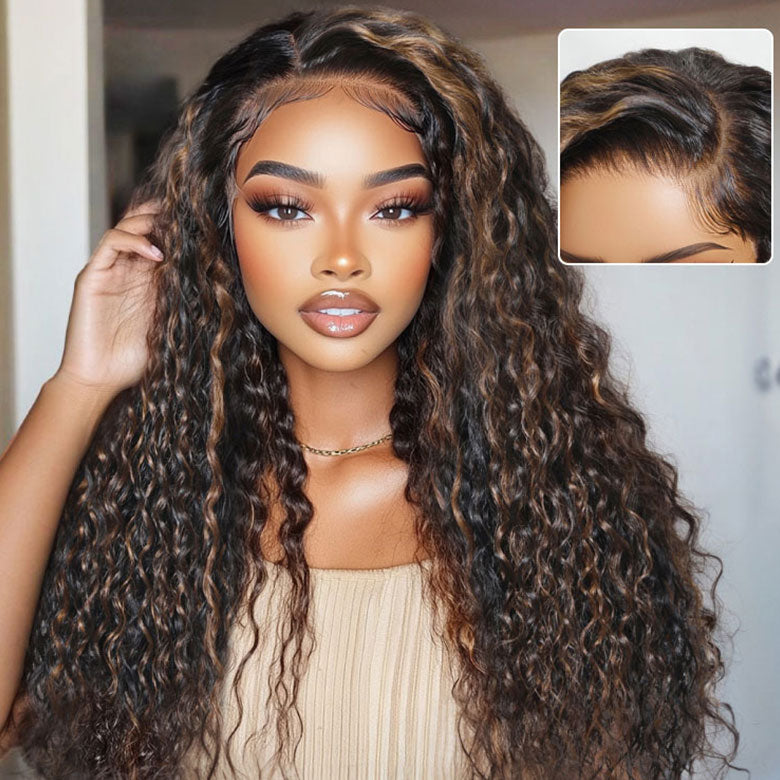 Klaiyi 7x5 Golden Brown Highlight Water Wave Bye Bye Knots Lace Closure Wig 150% Density