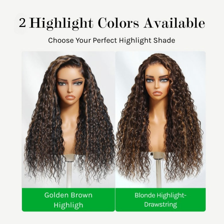 Klaiyi 7x5 Golden Brown Highlight Water Wave Bye Bye Knots Lace Closure Wig 150% Density
