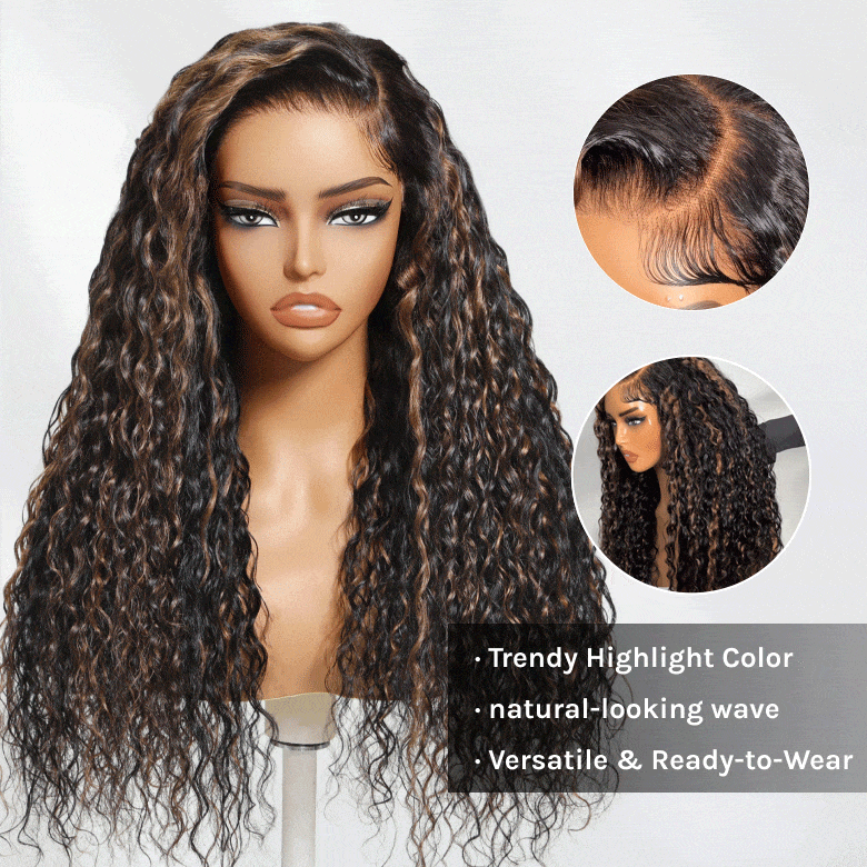 Klaiyi 7x5 Golden Brown Highlight Water Wave Bye Bye Knots Lace Closure Wig 150% Density