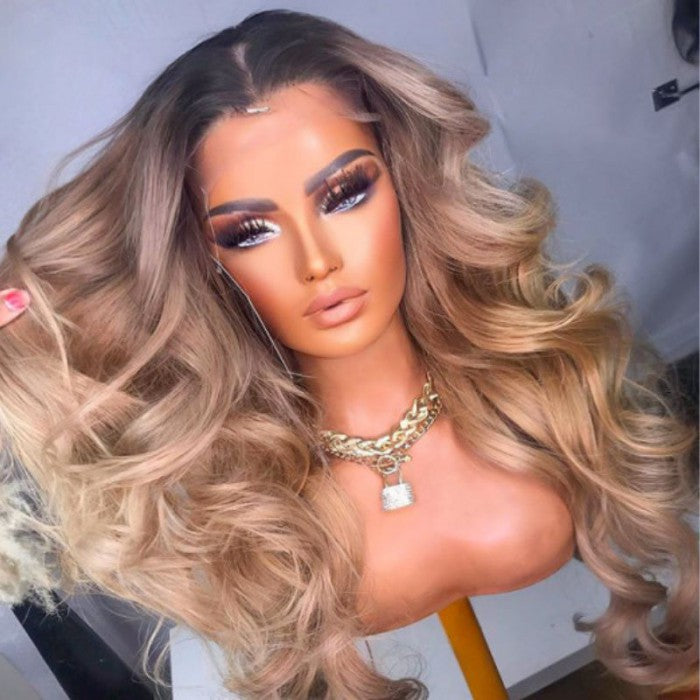 Extra 60% OFF | Klaiyi Champagne Rose Body Wave Wig Human Hair with Brown Roots Melon Color Hair