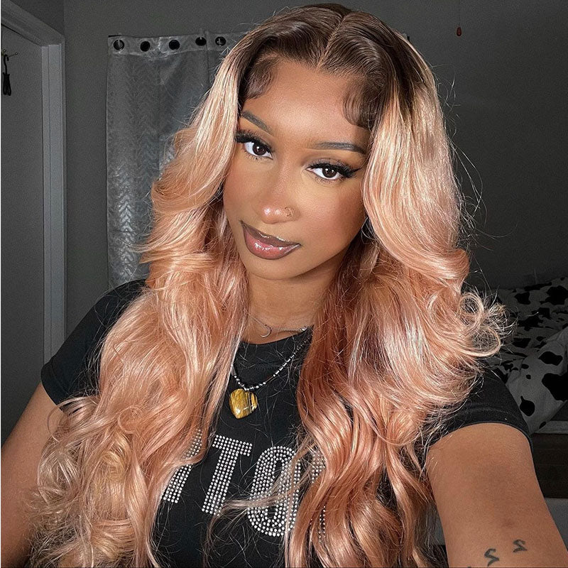 Extra 60% OFF | Klaiyi Champagne Rose Body Wave Wig Human Hair with Brown Roots Melon Color Hair