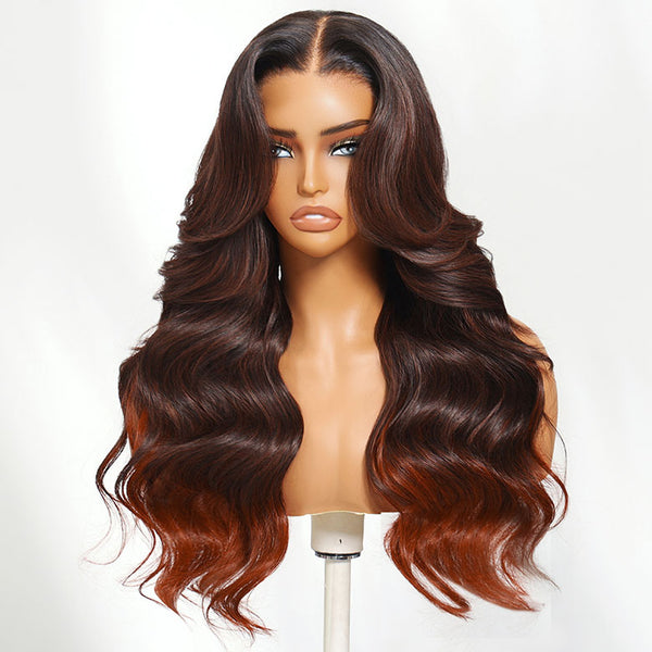 Klaiyi 13x4 Brown to Red Ombre Loose Wave Wig With Face Framing Layers Put on and go Lace Front Wig