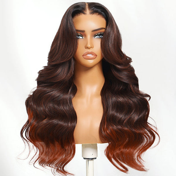 Klaiyi 13x4 Brown to Red Ombre Loose Wave Wig With Face Framing Layers Put on and go Lace Front Wig