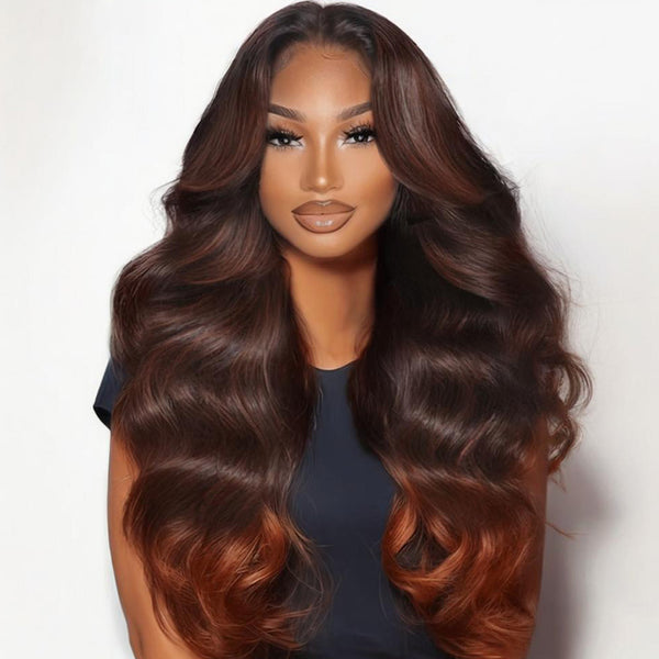 Klaiyi 13x4 Brown to Red Ombre Loose Wave Wig With Face Framing Layers Put on and go Lace Front Wig