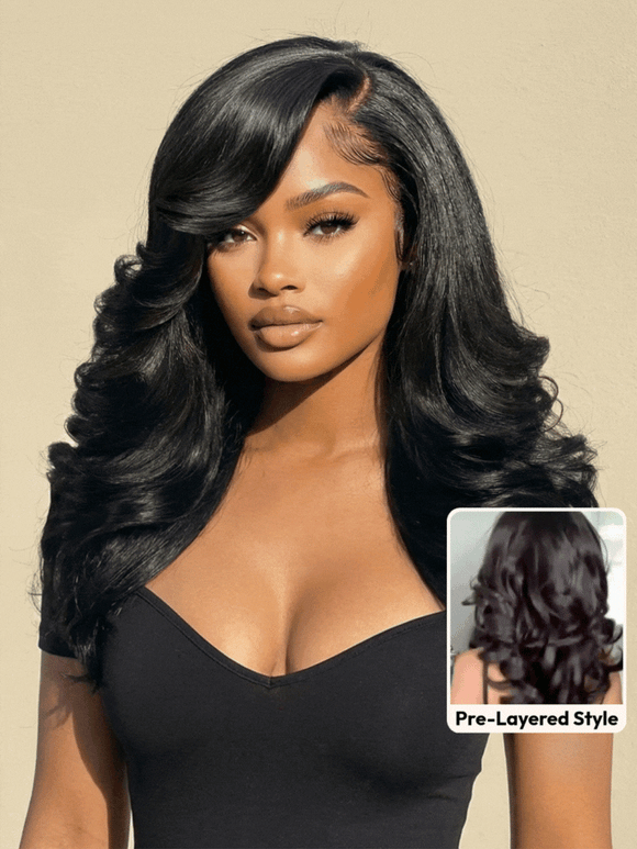 Klaiyi 7×5 Bye-Bye Slip Lace Wig Put On And Go Feathered Layer Left Side Part 200% Density with Invisible Drawstring