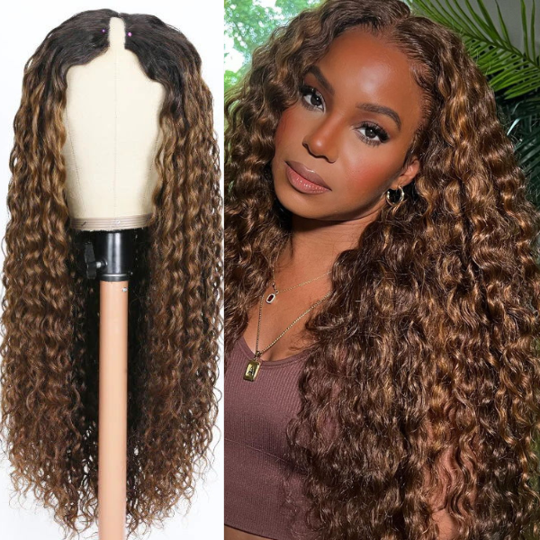 Klaiyi Wet and Wavy V Part Wig Beginner Friendly Dark Roots Ginger Brown Human Hair Flash Sale