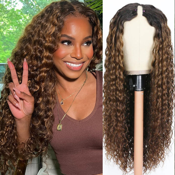Klaiyi Balayage Color Water Wave U Part Wig Less Leave Out Human Hair Wigs Flash Sale