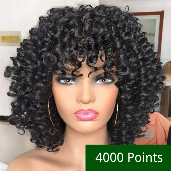 4000 Points | Klaiyi Natural Color Afro Short Curly Wig with Bangs Fullness Bouncy Rose Curls Replacement Wig