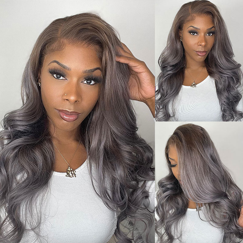 Extra 60% OFF | Klaiyi Body Wave Brown Roots with Punky Gray Highlights Skunk Strip Hair Wigs Flash Sale