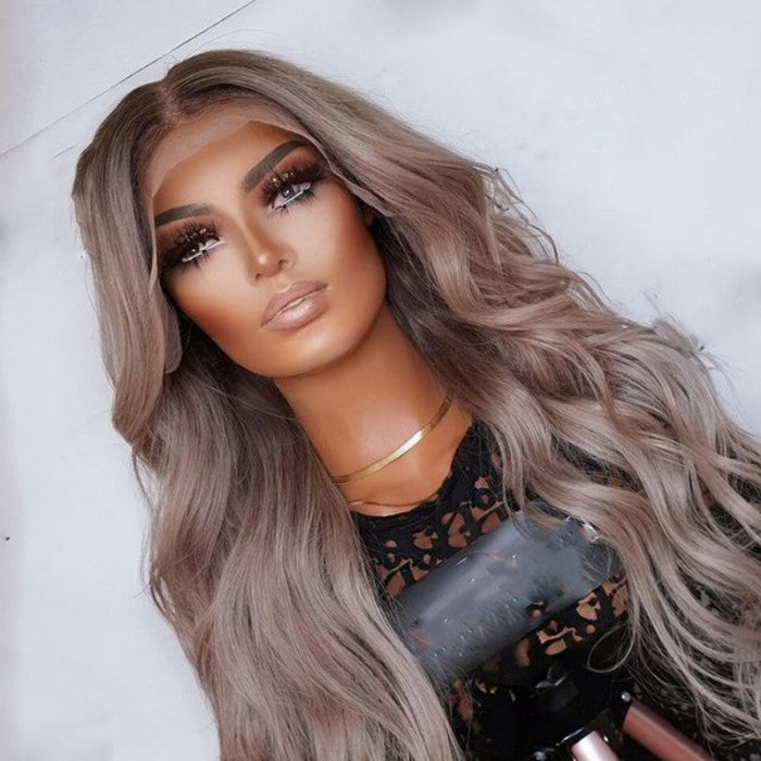 Klaiyi Brown Roots with Punky Gray Highlights Multicolor Wigs Body Wave Human Hair