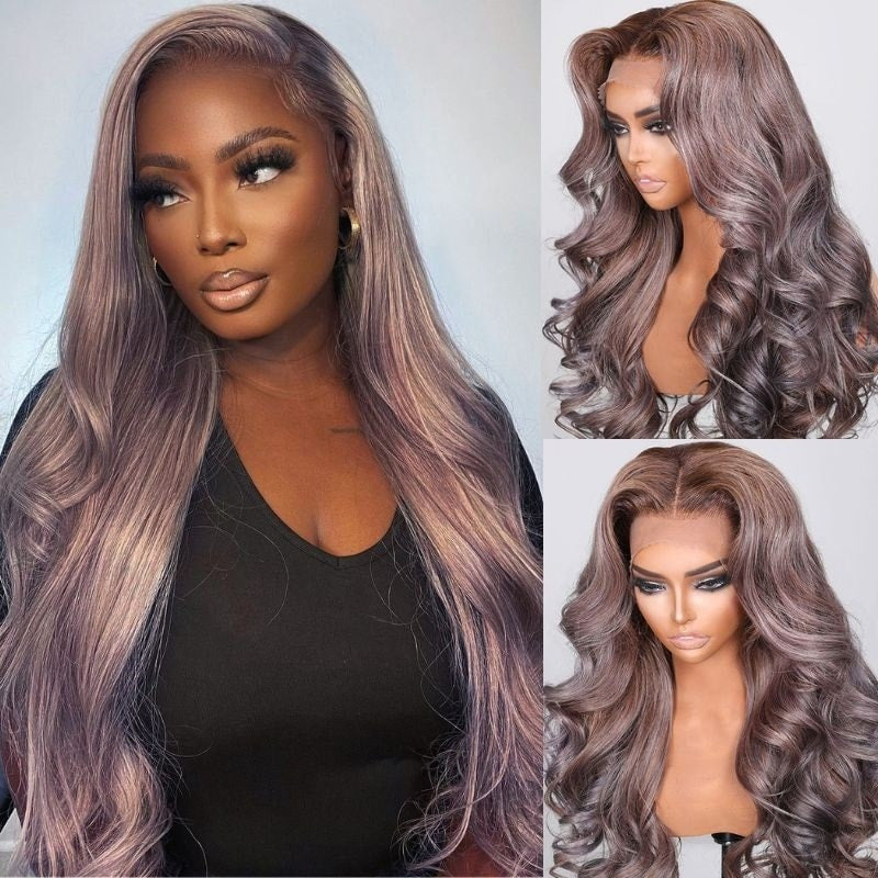 Klaiyi Brown Roots with Punky Gray Highlights Multicolor Wigs Body Wave Human Hair