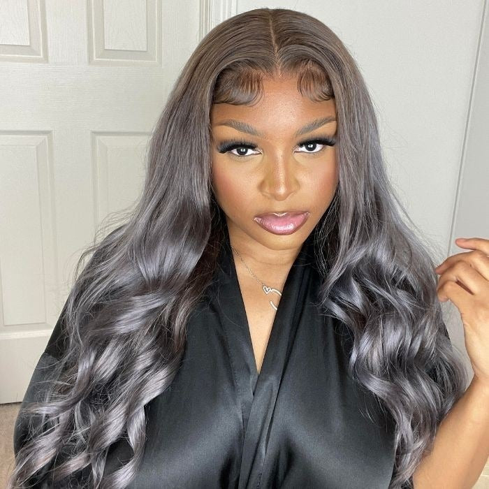 Klaiyi Brown Roots with Punky Gray Highlights Multicolor Wigs Body Wave Human Hair