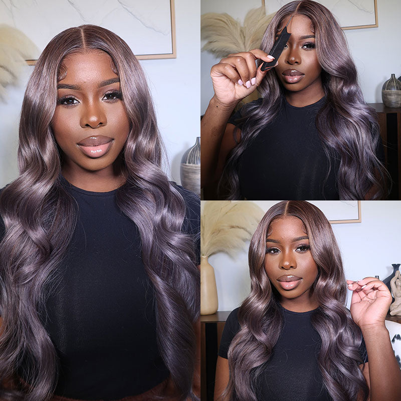 Klaiyi Brown Roots with Punky Gray Highlights Multicolor Wigs Body Wave Human Hair