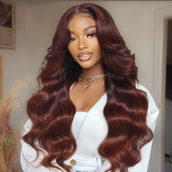 Klaiyi 13x4 Reddish Brown Balayage Loose Wave Wig Layered Cut with Curtain Bang Lace Front Wig Ombre Color Wig