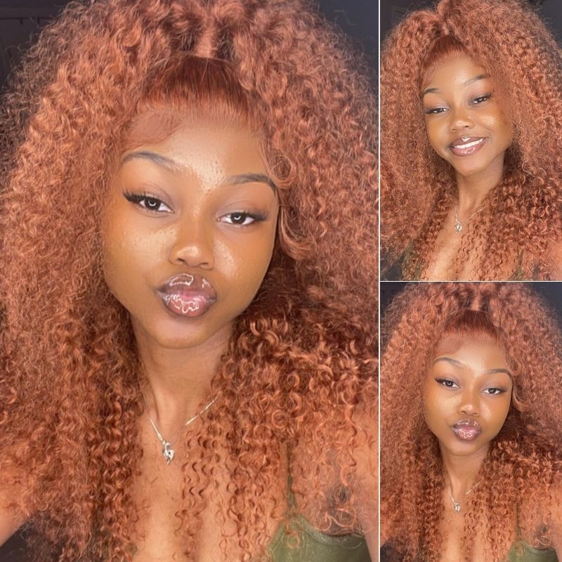 Klaiyi 150% Density Medium Auburn Brown Colored Jerry Curly Lace Front Ginger Color Wigs Flash Sale