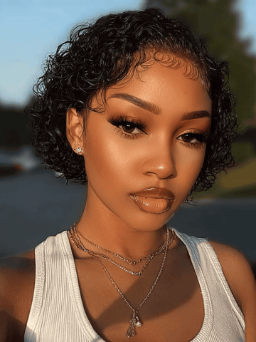 Klaiyi Short Pixie Cut Lace Front Bob Wigs Virgin Human Hair Water Curly Hair Wigs