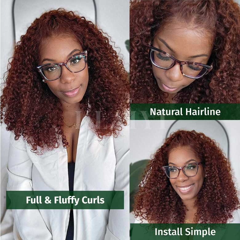 Klaiyi Reddish Brown Jerry Curly 7x5 Bye Bye Knots Human Hair Wig Put On and Go Glueless Lace Wig